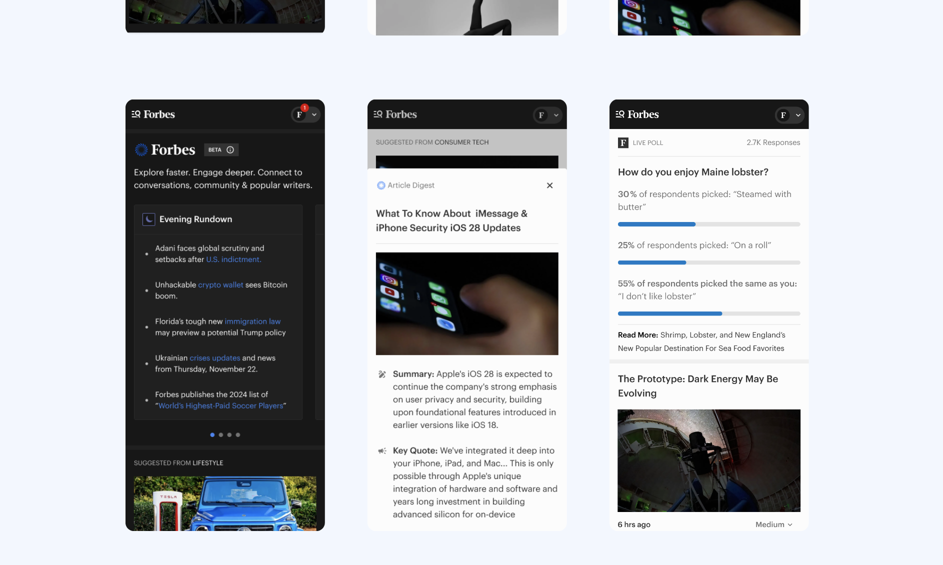 User interface for Forbes: Explore.